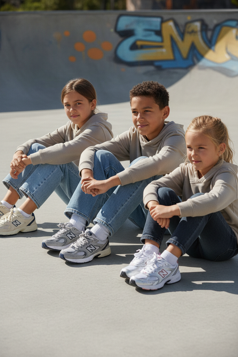 bimbi con new balance 530 con jeans ampio seduti a terra. Immagine verticale